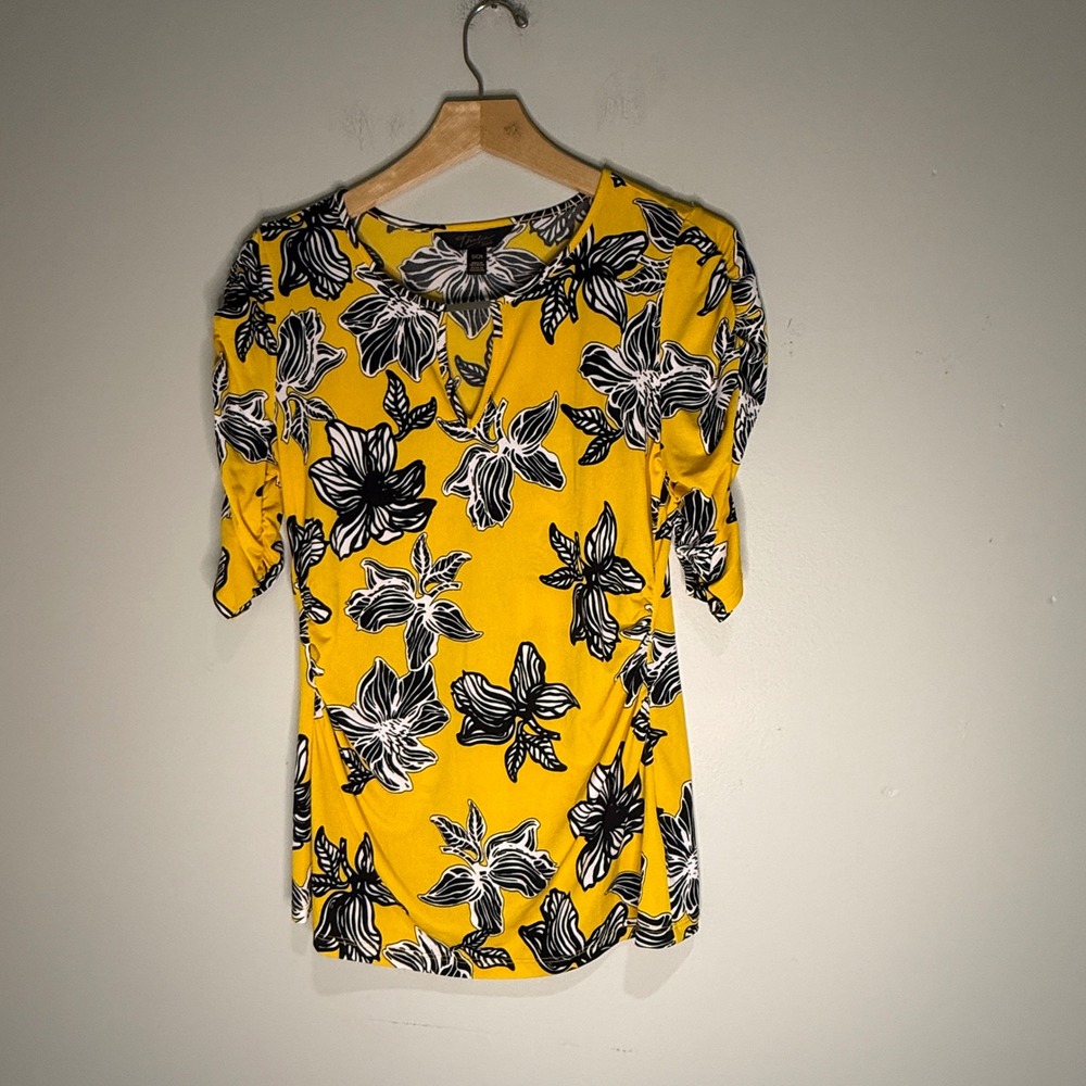 Thalia Sodi Yellow Floral Print Ruched Side Knit Top Women's Size S
